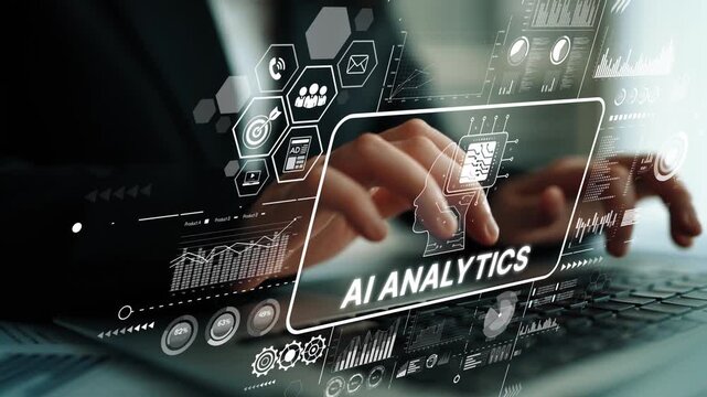 Business Professional Engaged in AI Analytics with Futuristic Data Visualizations and Digital Interface Elements. Asymptotic smart data analytic.