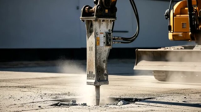 Heavy duty hydraulic breaker attachment on excavator demolishing concrete surface.