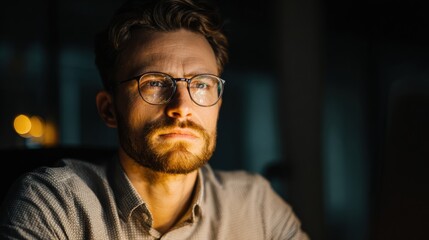 Obraz premium Executive Deep in Thought While Facing a Computer Screen During the Night in a Dimly Lit Office, Contemplating a Crucial Decision