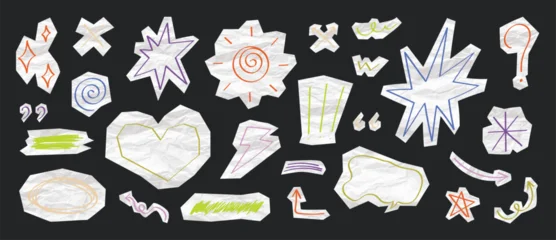 Fotobehang Onderzeeër Hand drawn chalk doodle sticker vector set with black background and white pencil scribbles, labels, badges and comic marks. Creative design elements for posters and branding.  © TWINS DESIGN STUDIO