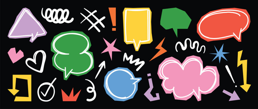 Hand drawn colorful speech bubble sticker vector set with neon chat icons, comic shapes and lightning marks on black background. Fun design elements for posters and banners.