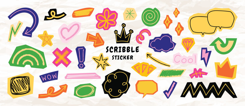 Hand drawn colorful doodle sticker vector set with rainbow icons, speech bubbles, arrows and highlights on white background. Fun design elements for social media and banners.