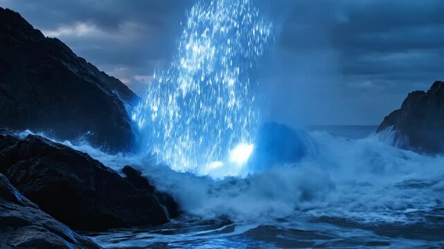 Powerful slow motion cinematic shot of crashing ocean waves hitting large dark coastal rocks and erupting into a cascade of vibrant bright blue light crashing, dramatic, rockycoast
