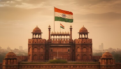 Indian Flag Flies Proudly Over The Red Fort At Sunset