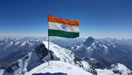Indian Flag Waving Atop A Snowy Mountain Peak Under A Clear Blue Sky