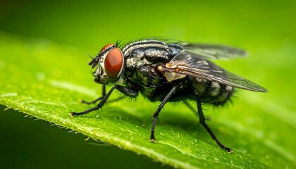Closeup of a Housefly on Green Leaf.
