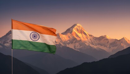 Indian Flag Waving Atop Snowy Mountains During Golden Hour Sunrise Sky