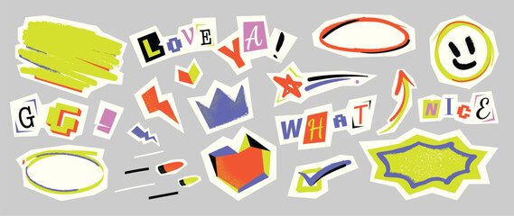 Hand drawn colorful collage sticker vector set with smiling icons, speech bubbles, labels and highlight shapes on gray background. Fun design elements for banners and social media.
