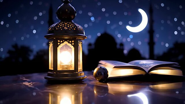 Beautifully illuminated traditional arabesque lantern sits beside an open religious book under a clear starry night sky featuring a bright crescent moon.