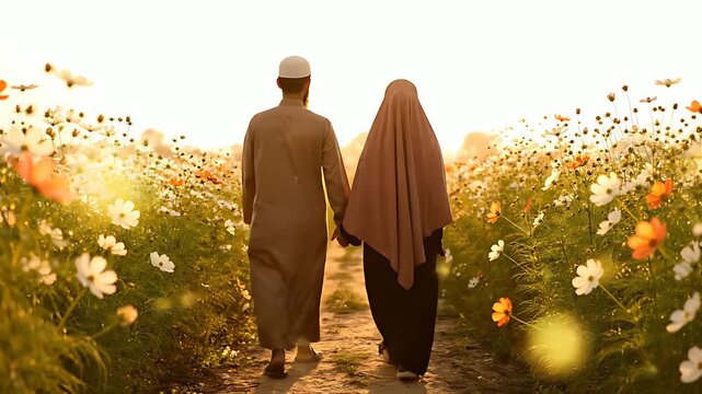 Muslim couple holding hands and walking together down a sunny path lined with abundant white and orange cosmos flowers during sunset