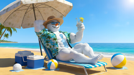 cool snowman with big muscles on the beach chilling under the umbrella with a smile