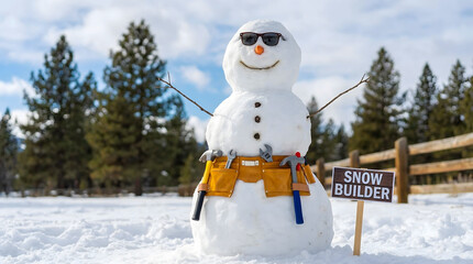snowman with tools on the waist with hands upwards and with sunglasses standing in the forest next to the snow builder sign