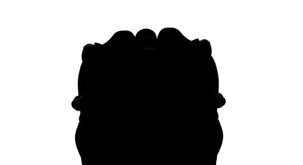 Close up of a black silhouette of a fist with fingers curled in against a white background symbolizing strength and unity