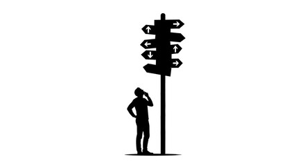 Man standing under directional sign looking puzzled with multiple arrows pointing different ways on white background