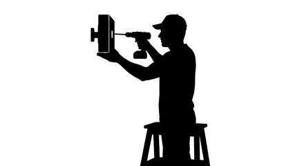 Man in silhouette using power drill on object sitting on stool in studio