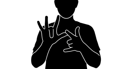 Black silhouette of a person signing in american sign language on a white background with a focused expression
