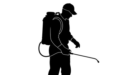 Man wearing protective gear spraying pesticide in silhouette against white background