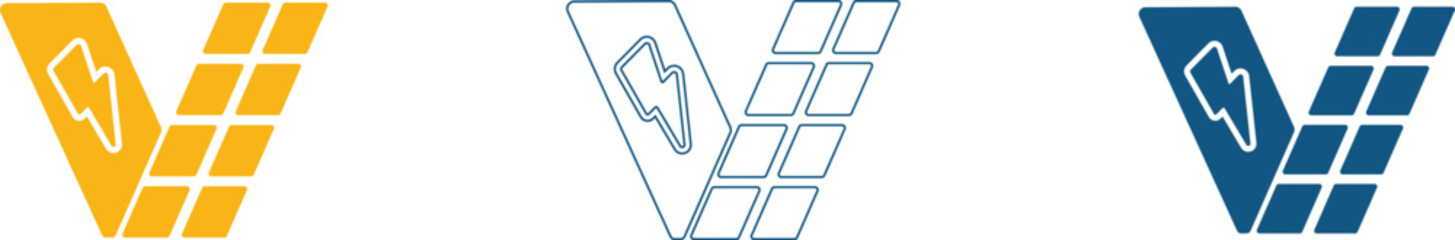 icons Set of three V letter logos with lightning bolt icons representing energy and power in yellow blue and grey isolated on white