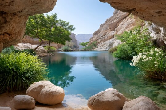 Wadi Bani Khalid emerald water oasis in canyon