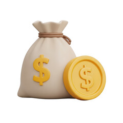 3D rendered money bag with dollar sign and gold coin isolated on transparent background