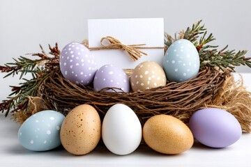 Obraz premium Easter eggs in bird nest with blank card