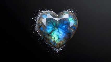 Fototapeta premium Cœur en labradorite taillée avec paillettes argentées, pierre semi-précieuse aux reflets irisés, isolé sur fond noir avec espace de copie.