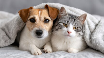 Dog and cat cuddling under blanket together