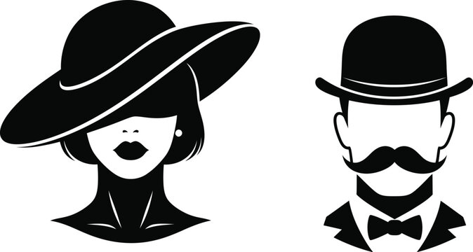 Retro lady and gentleman fashion style and accessories. Mustache and hat ladies man. Man wearing bowler hat, fedora, lady hat. Man woman icon gentleman lady. 