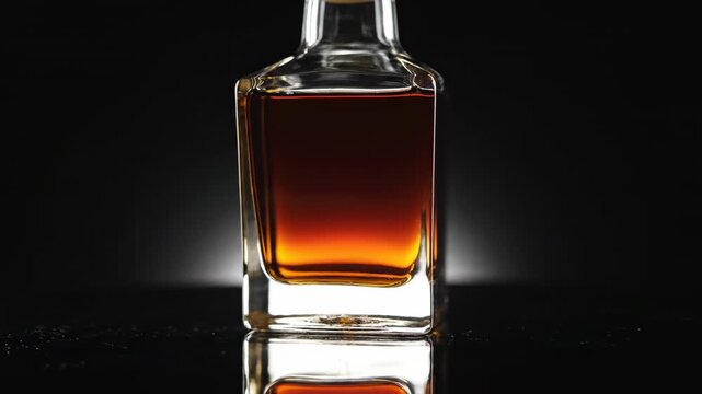 Premium unbranded whisky bottle slowly rotating on a reflective dark surface bathed in high contrast dramatic studio lighting reflective dark surface, display, surface