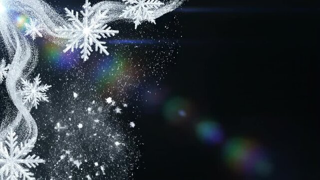 Pristine animated corner border created entirely from flowing white glitter dust and stylized ice crystals isolated on a deep pure black background dynamic, high contrast, particles