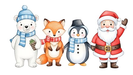Cartoon Christmas Characters with Animals and Santa.