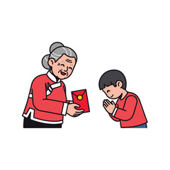 Illustration of an elderly woman giving a red envelope to a young boy with his hands together in a gesture of thanks or respect against a plain white background.