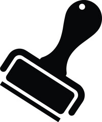 Minimal vector silhouette, classic ink roller stamp with curved handle, solid black, isolated on white.