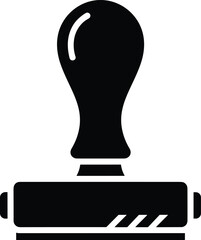 Minimal vector silhouette, classic ink roller stamp with curved handle, solid black, isolated on white.