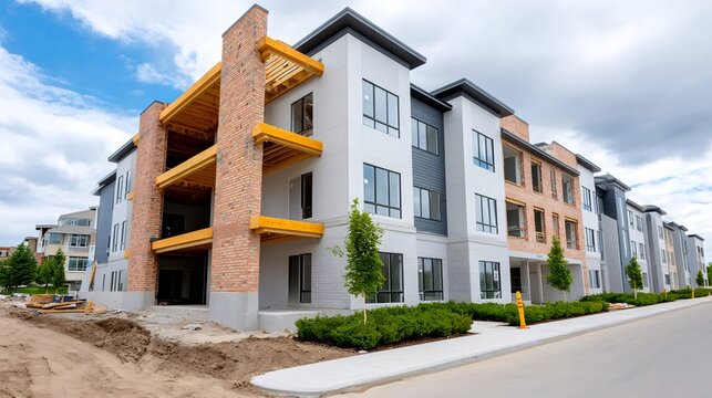 Modern apartment complex under construction with brick facade