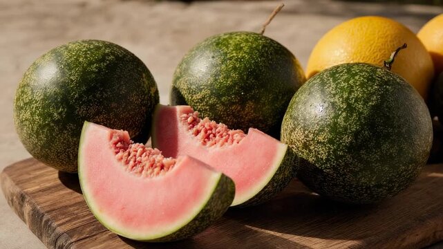 Freshly harvested guava fruits on a wooden board, highlighting natural colors and textures