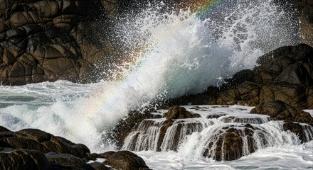 Naklejka premium Close-up view of a powerful wave crashing against rocky coastline with a rainbow arc