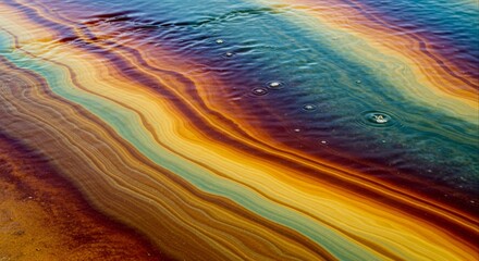 Naklejka premium Captivating iridescent oil slick patterns swirling on water, depicting an abstract environmental concern and fluid artistry