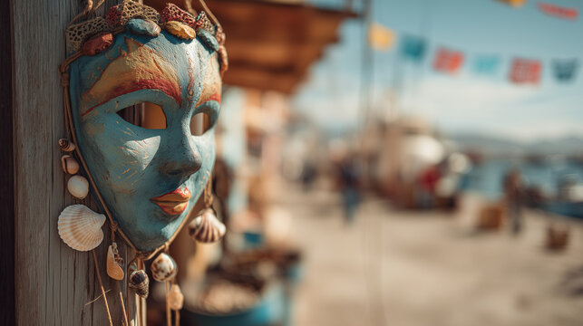 Vibrant mask hangs at Gran Carnaval Ensenada in Baja California, Mexico, showcasing festive decorations and lively atmosphere by sea.