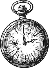 Vintage broken pocket watch illustration with cracked glass and damaged case