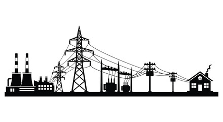 A striking black silhouette of an industrial power plant landscape with transmission towers on transparent background high quality professional detailed modern
