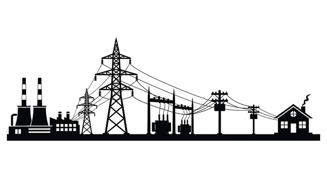 A striking black silhouette of an industrial power plant landscape with transmission towers on transparent background high quality professional detailed modern