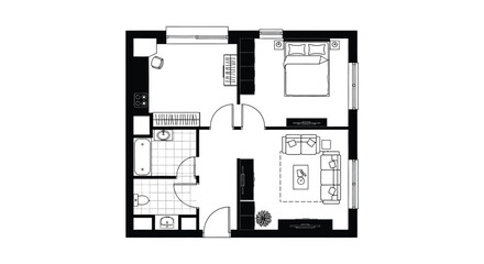 Detailed floor plan of a one bedroom apartment showcasing layout and furnishings on transparent background silhouette high quality professional detailed modern