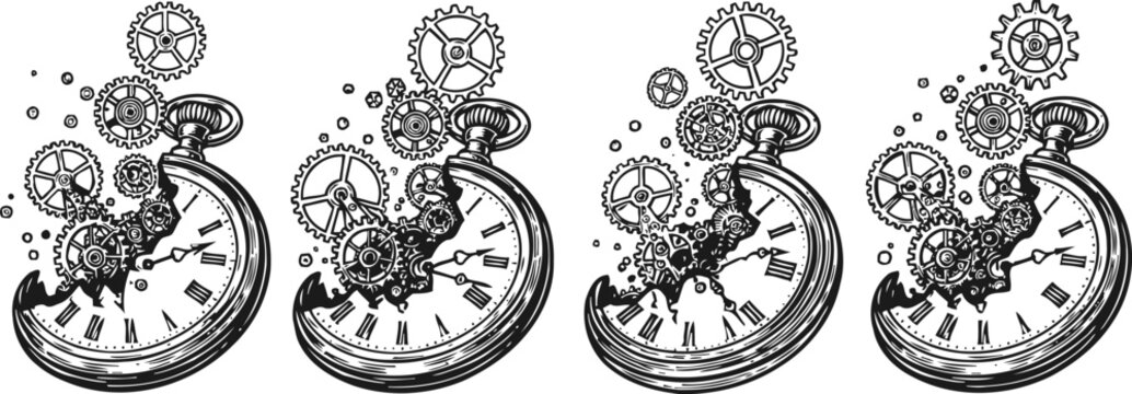 Vintage pocket watch disintegrating into mechanical gears and cogs in steampunk illustration