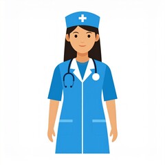 Female nurse in blue scrubs with stethoscope standing confidently isolated on white background