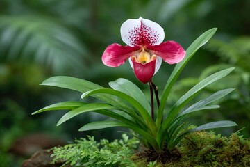 Obraz premium Paphiopedilum orchid blooming in tropical garden