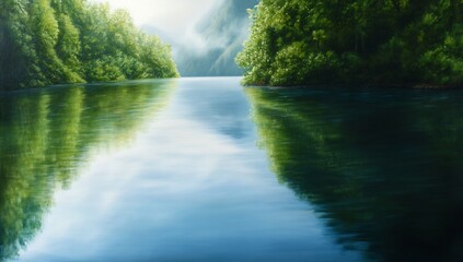 Obraz premium Serene River Flowing Through Lush Green Forest Landscape.