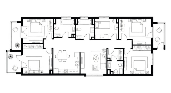 Detailed floor plan of a multi room building with interior layouts and design elements on transparent background silhouette high quality professional detailed