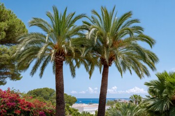 Obraz premium Two palm trees framing a Mediterranean coastal view