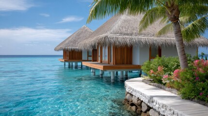 Fototapeta premium Maldives tropical overwater bungalows on clear ocean